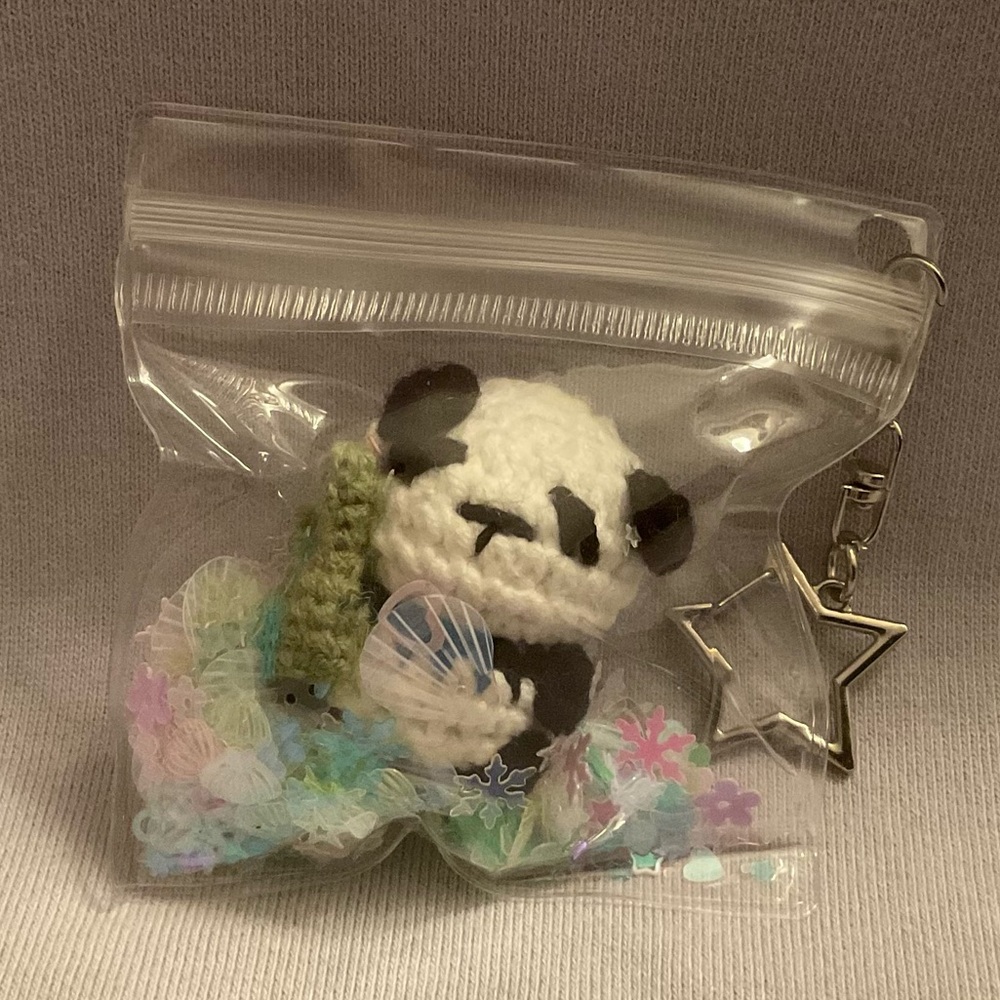 Handmade Crochet Panda Keychain with Star Charm - White & Black